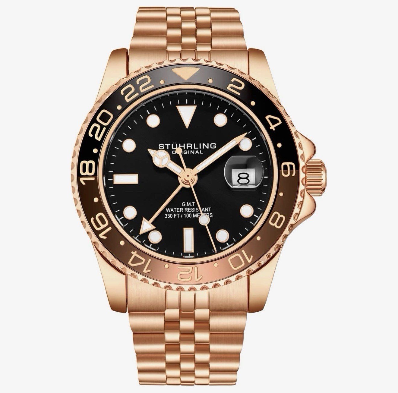 Stuhrling 3968 5 Aquadiver Swiss Quartz GMT Date Stainless Steel Mens Watch