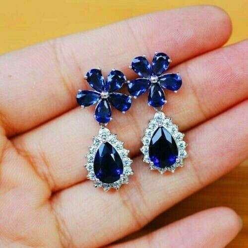 4.50Ct Pear Cut Simulated Blue Sapphire Drop Earrings In 14K White Gold Plated