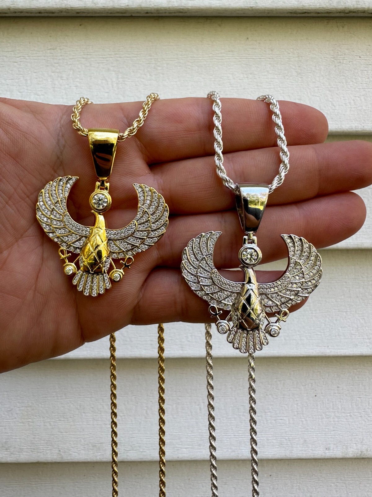 MOISSANITE Horus W. Ankh Pendant Real 925 Silver / Gold Iced Egyptian Necklace