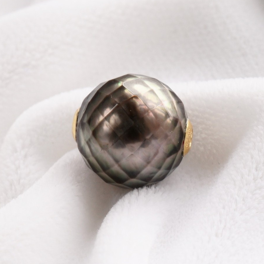 Faceted 10.8mm Round Gray Tahitian Loose Pearl, Full Drilled, 18Kt Yellow Gold