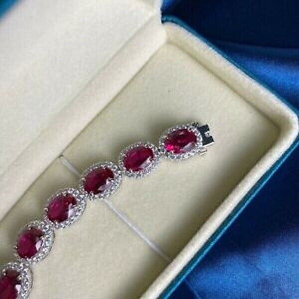 Black Friday 15Ct Oval Cut Red Ruby Diamond Tennis Bracelet 14K White Gold Over