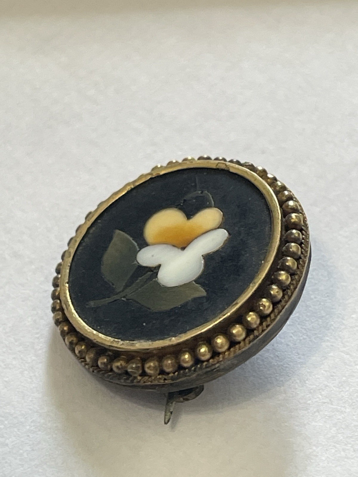 Antique 18k Pietra Dura Brooch Pin Italian Inlaid Floral Victorian Style Mosaic