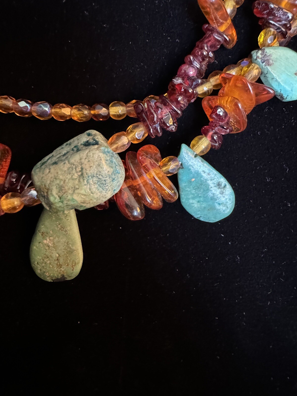 Vintage Handmade Amber Turquoise Sterling Silver 925 Multi Strand Necklace