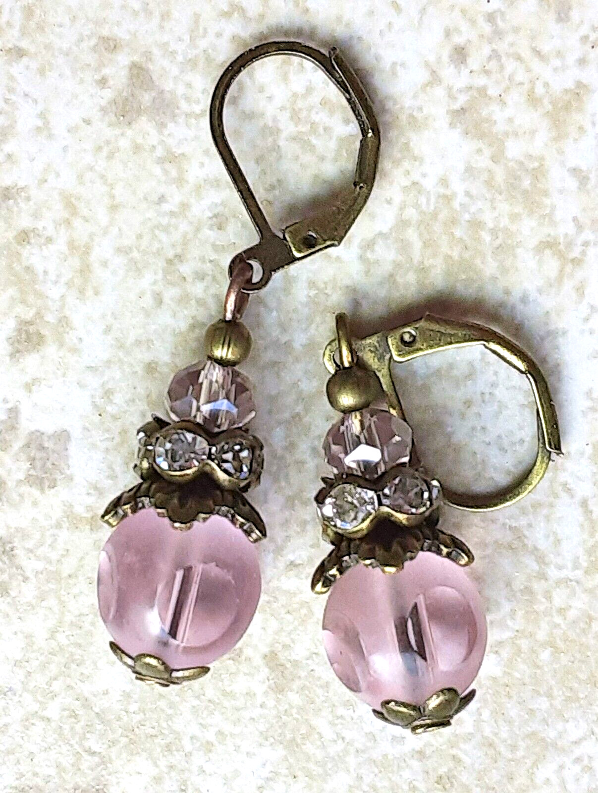 PINK FROSTED Window Cut CRYSTAL drops earring BRONZE LEVERBACK handcrafted XX