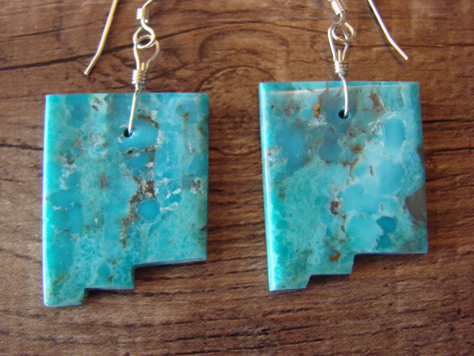 Navajo Indian New Mexico State Turquoise Slab Dangle Earrings by Lovato