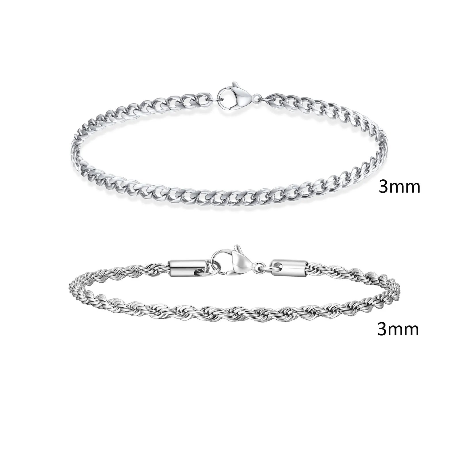 2pcs Men’s Chain Bracelets,Stainless Steel Silver Gold Black Color Twist Rope Ch