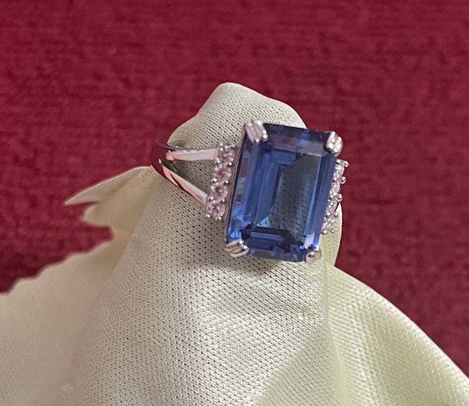 Blue Lab Created Spinel and White Cubic Zirconia Rhodium Over SterlingSilver