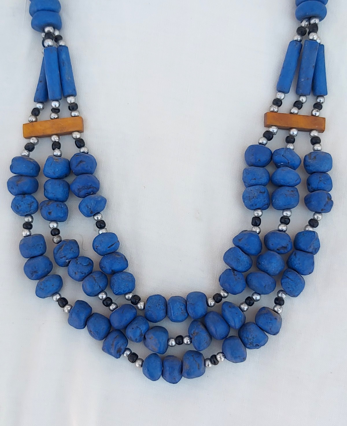 Vintage African Powder Glass Bead Necklace Multi Strand Cobalt Blue Statement Tr