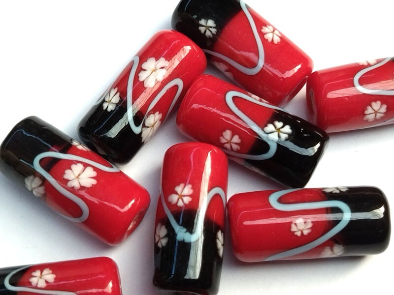 10pcs handmade Lampwork glass red black flower cylinder beads 10*20mm