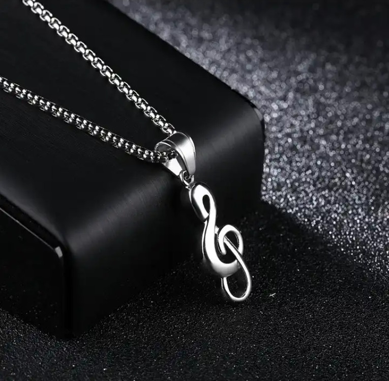 Silver Music Note G Treble Clef Pendant Necklace with Chain 24″ Mens Womens