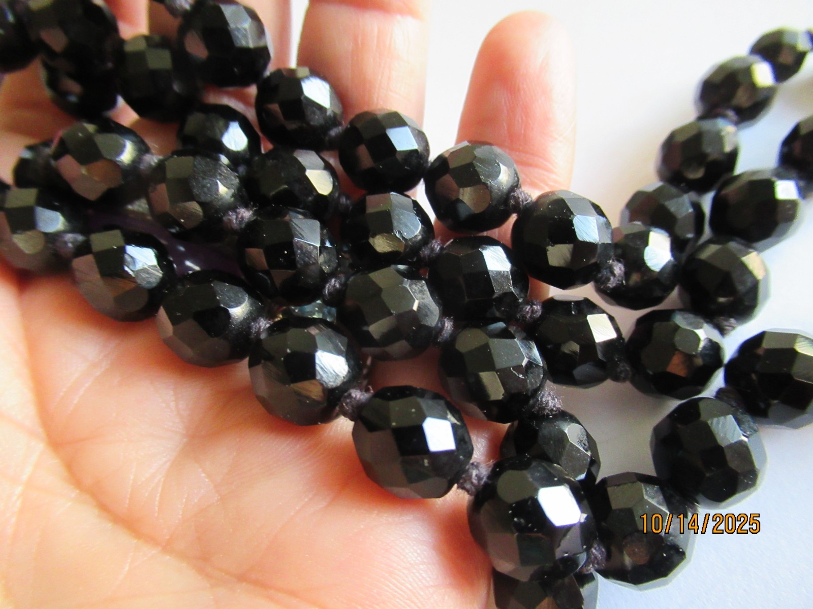 Antique Art Deco Jet black glass knotted Mourning necklace