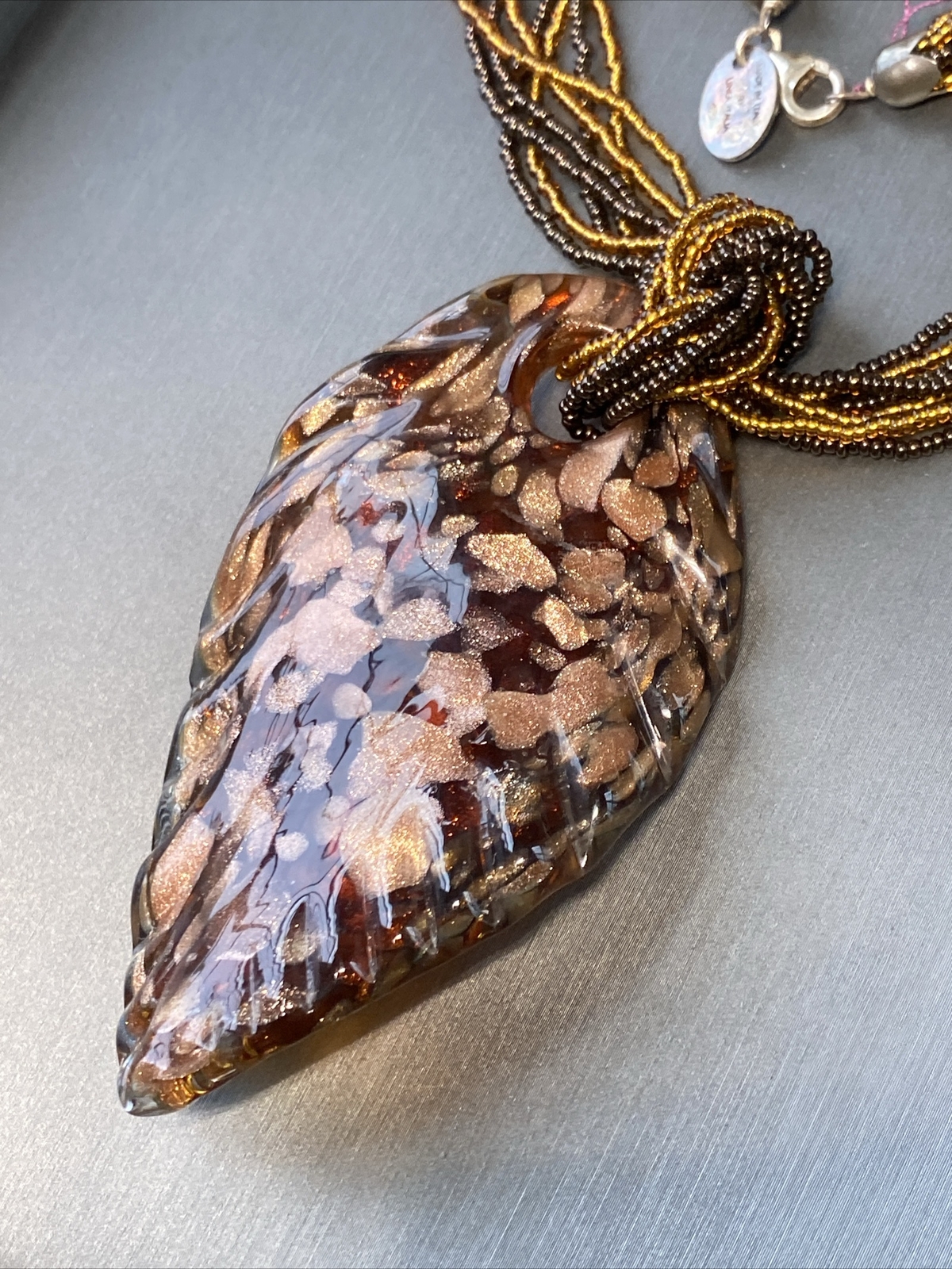 Vintage Pendant Necklace Handblown Murano Italy Art Glass 24K Gold Fleck Signed