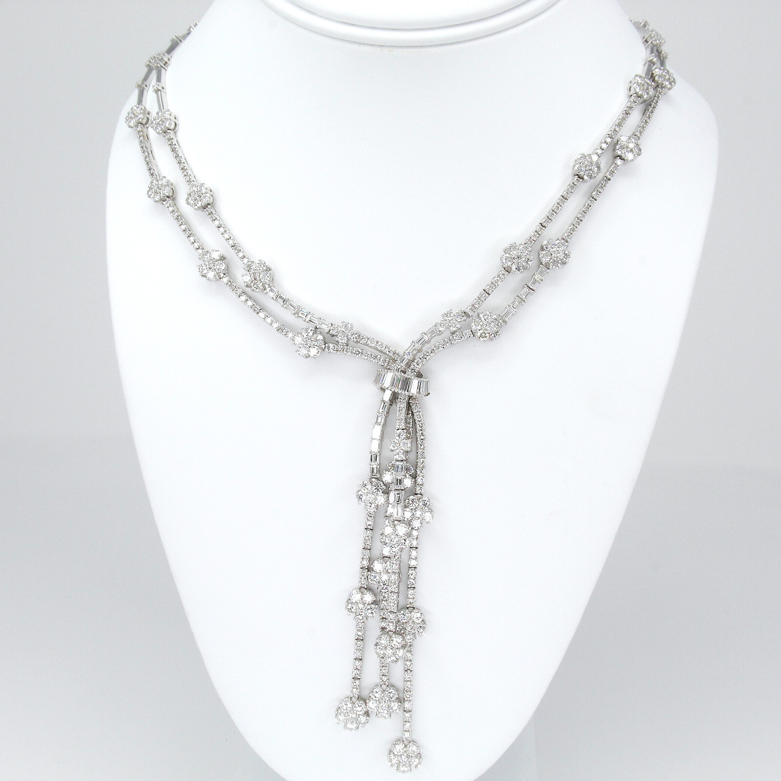 20.00 CT Diamond Two Row Floral Line Drop Necklace 18K White Gold Natural