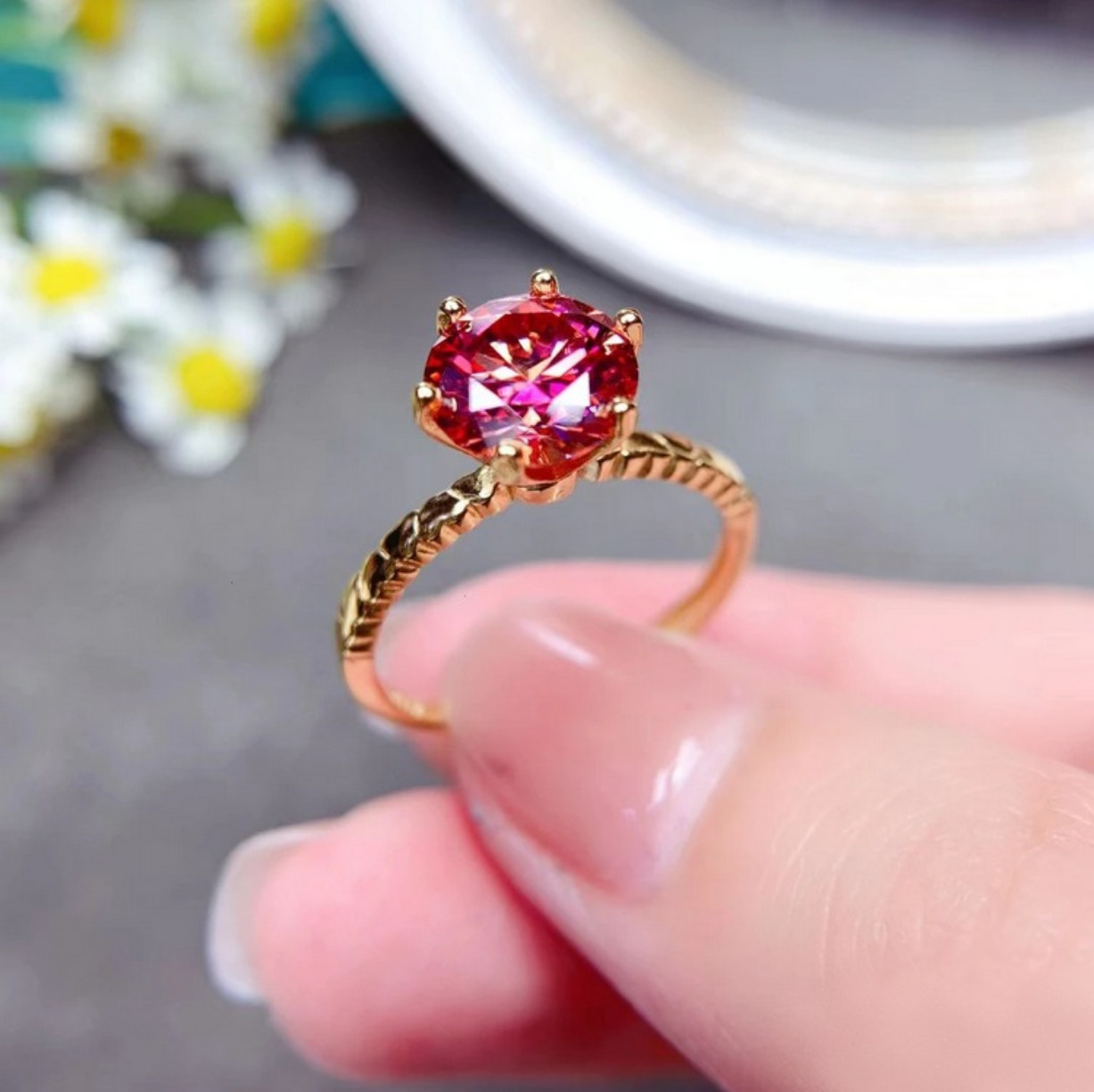 Exquisite 14K 925 Sterling Silver 2CT Blood Orange Moissanite Gemstone Ring