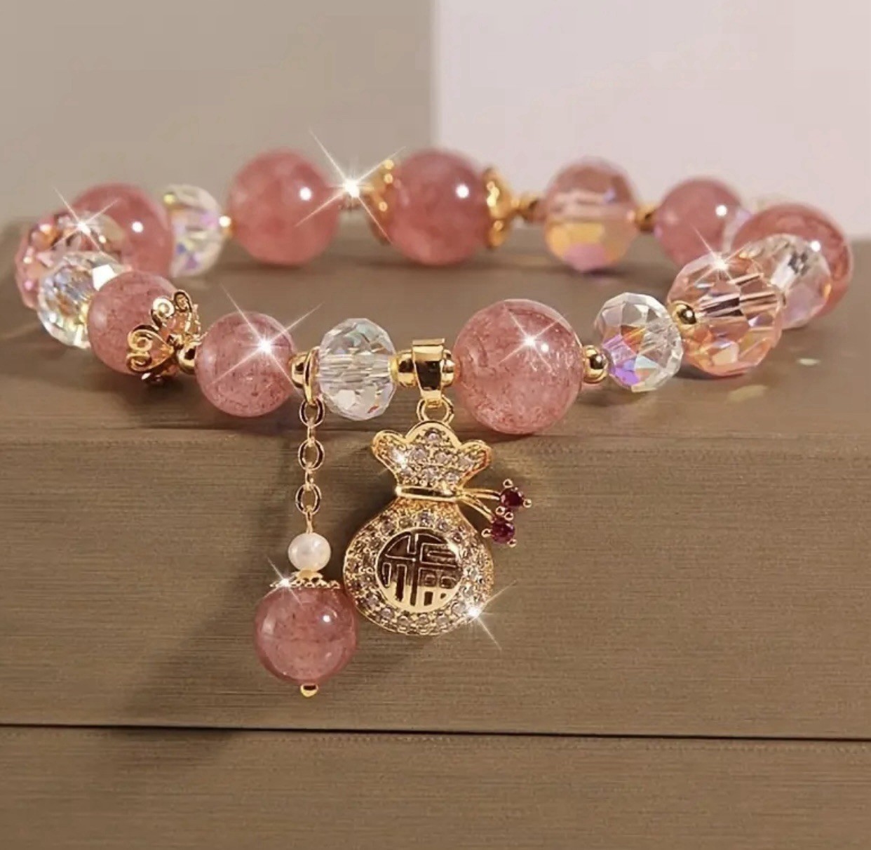 Fortune Bag Pendant Pink Beaded Bracelet # 0014 Velvet Box Included.