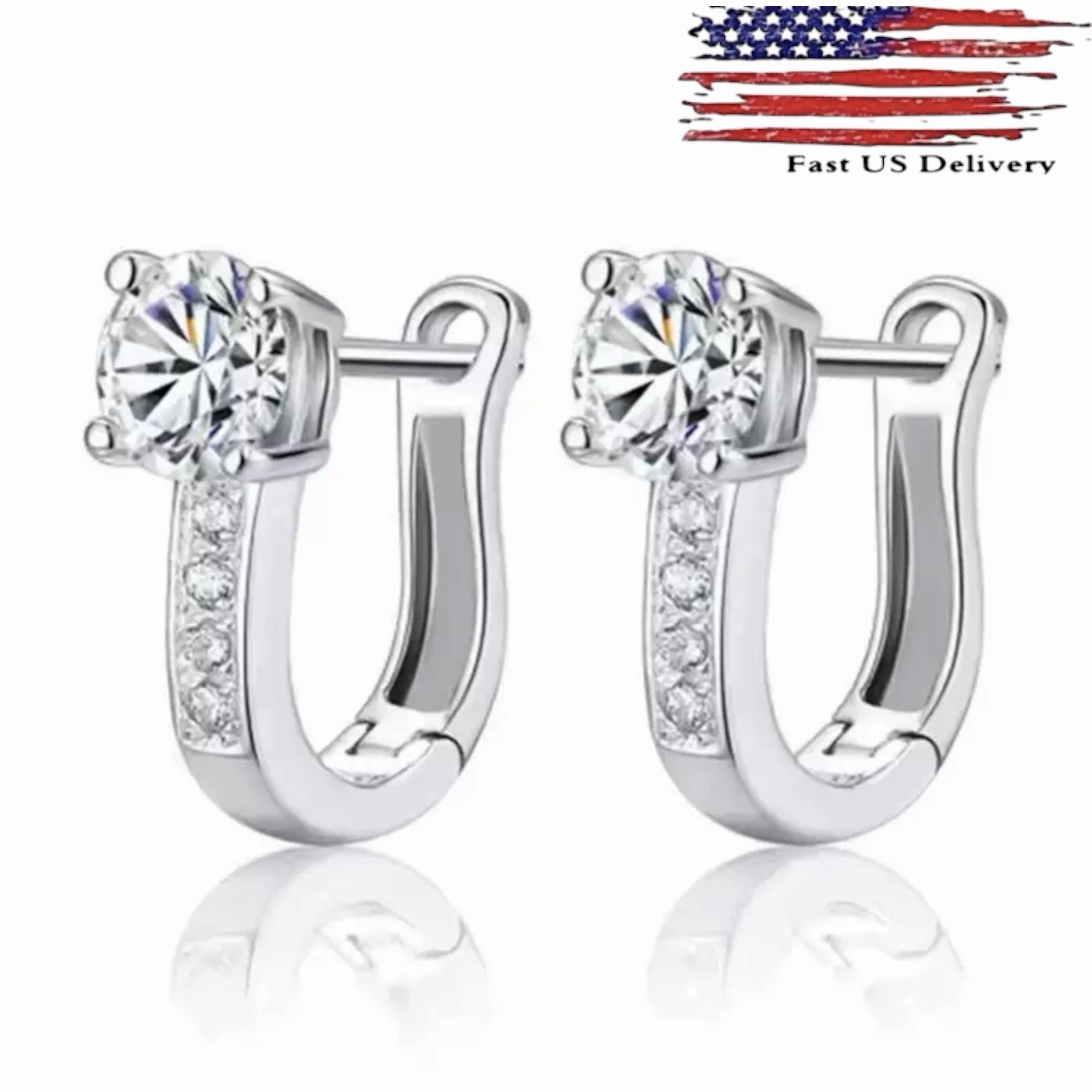 Women Girl 925 Sterling Silver CZ U Shape Hoop Earrings S925 Stamped Gift B49
