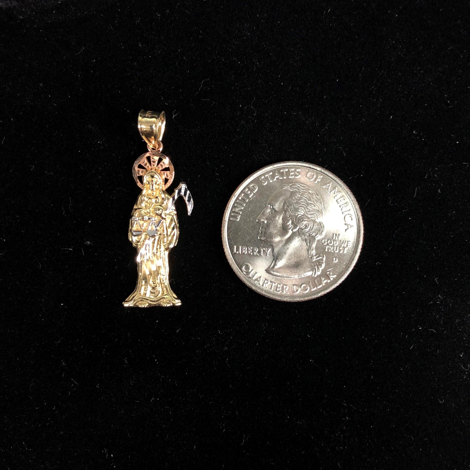 14K Tri Color Gold Grim Reaper Religious Charm Pendant &1.2mm Box Chain Necklace