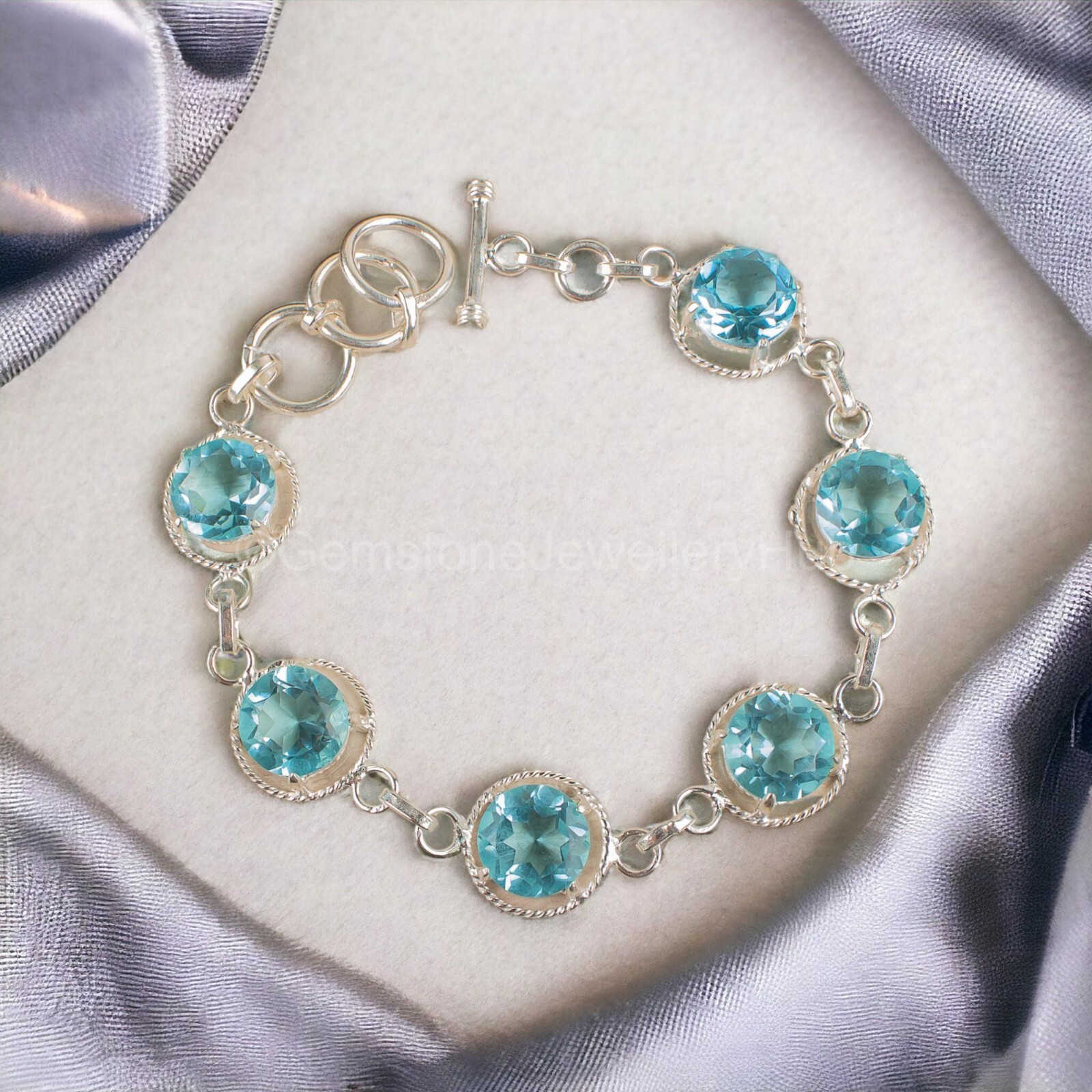 Wedding Gift For Her 925 Silver Natural Sky Blue Topaz Gemstone Chain Bracelet