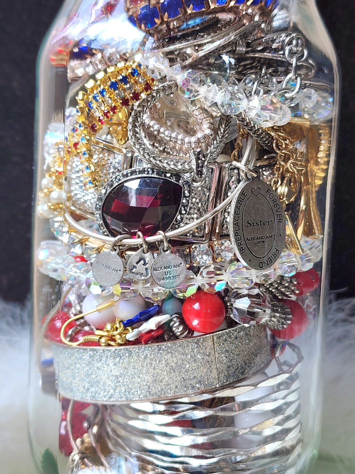 🧨Large Mystery Jewelry Jar Lot-Red White & Blue Americana -Rhinestone Flag Pins