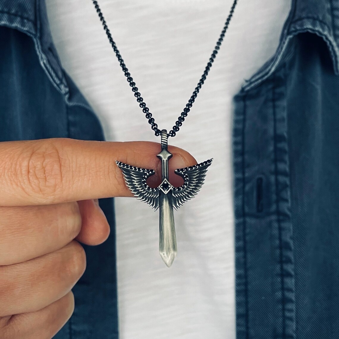 Angel Winged Sword Necklace 925 Sterling Silver Pendant Necklace Duty Free