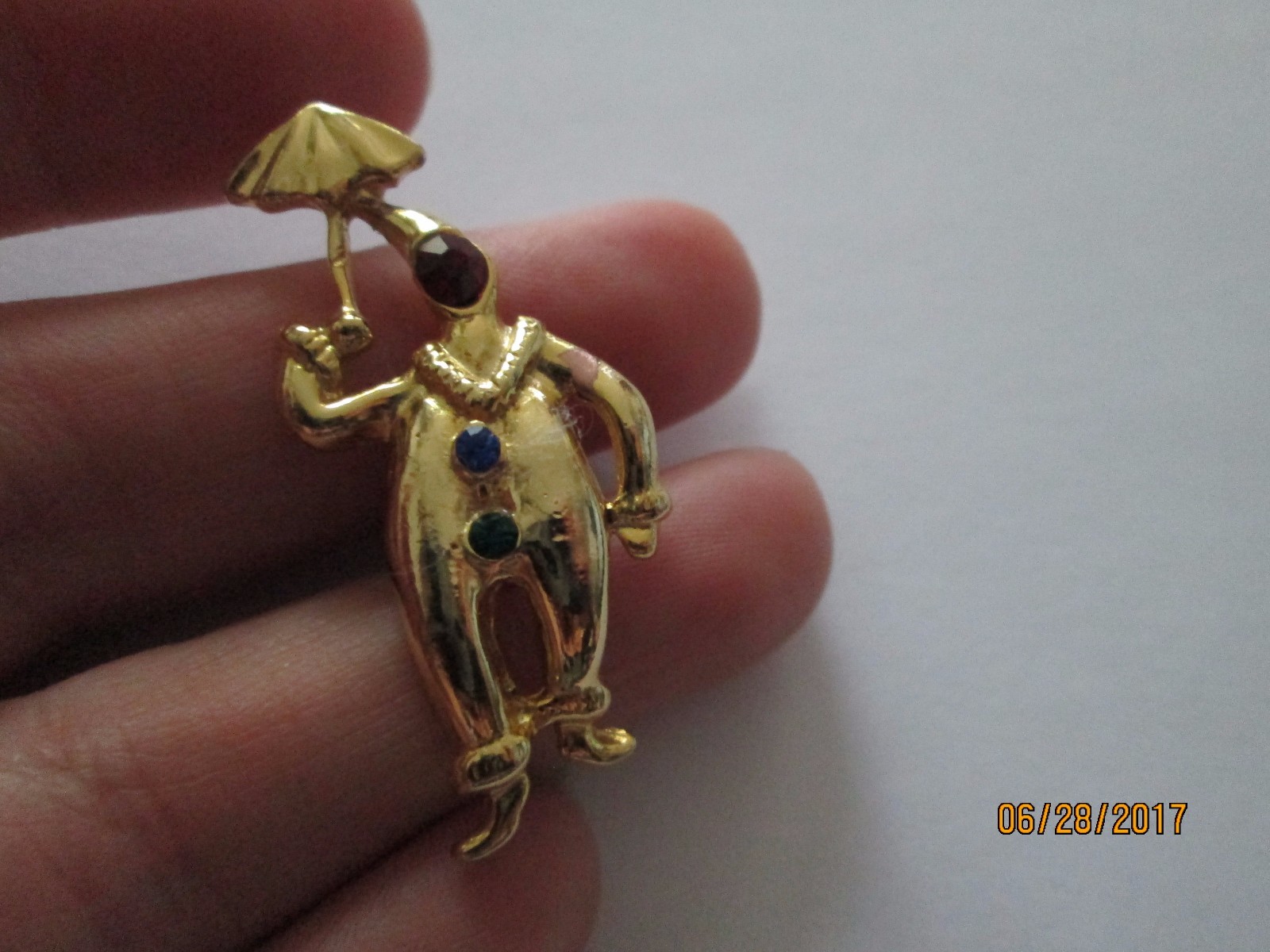 Circus Clown Carrying an Umbrella Crystal Lapel Pin Brooch red Blue Green gold