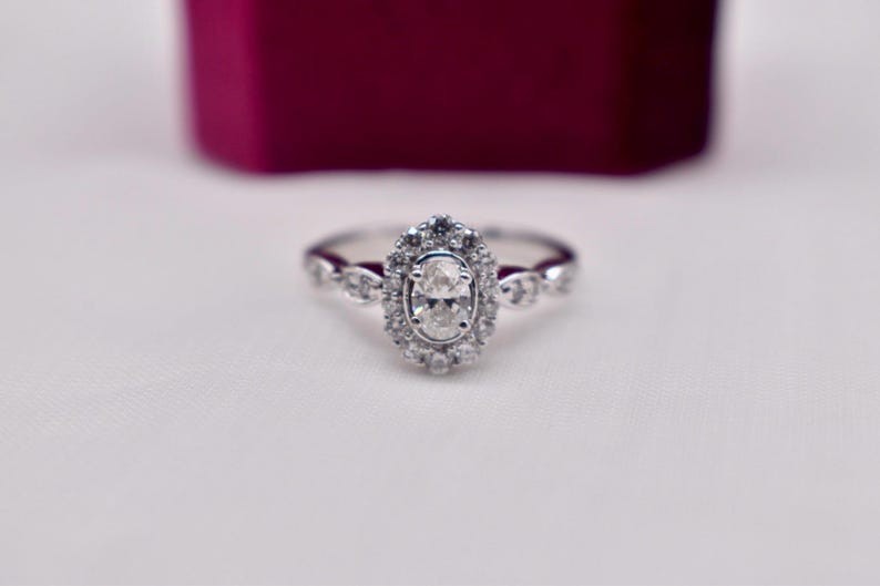 Vintage Style Oval Cut Moissanite Halo Engagement Ring Dainty Promise Ring Her