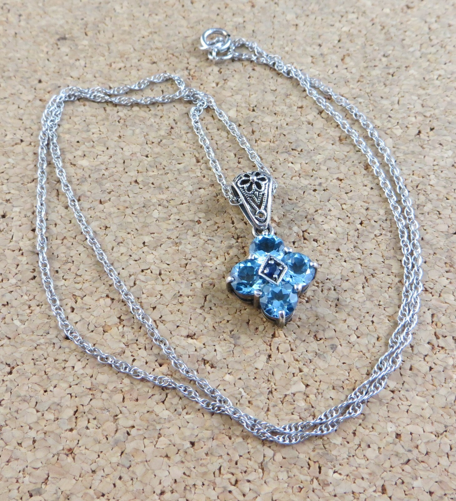 Blue Topaz & Sapphire Filigree Pendant 18″ Sterling Silver Chain Necklace #741