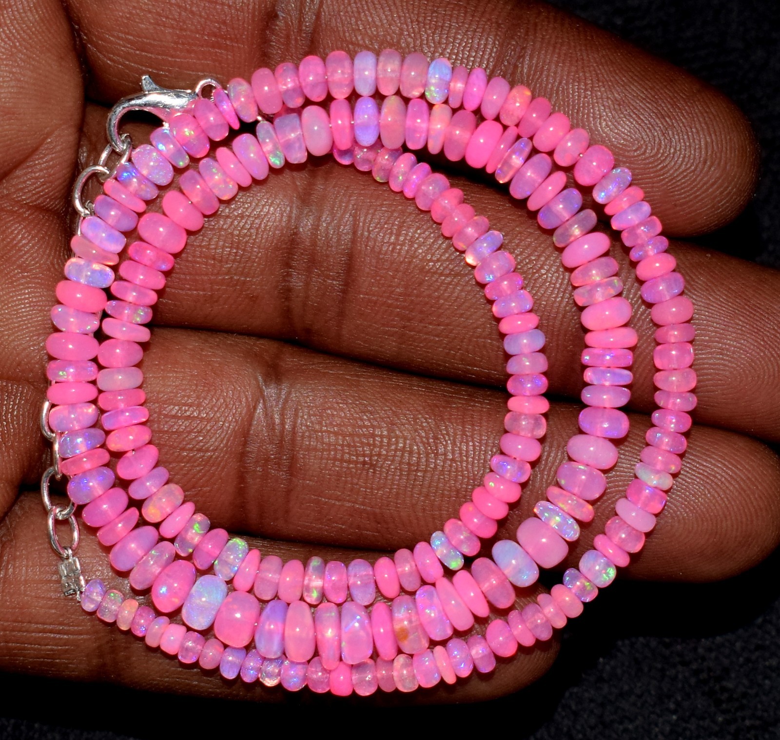 16″Natural Ethiopian Opal Wello Fire Opal Gemstone Bead Necklace