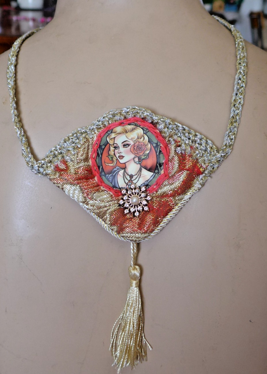 Handmade Crocheted art Necklace Cotton Fabric embroidered crocheted+ Beads