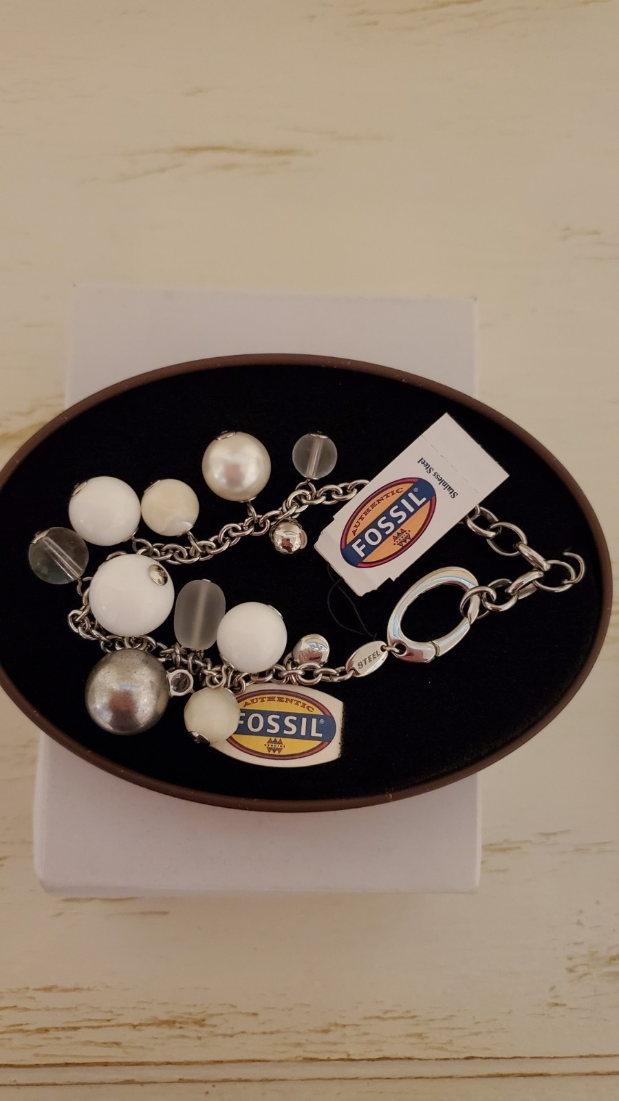 Fossil Songbird Vintage Inspired Beaded Charm Bracelet with Original Tin