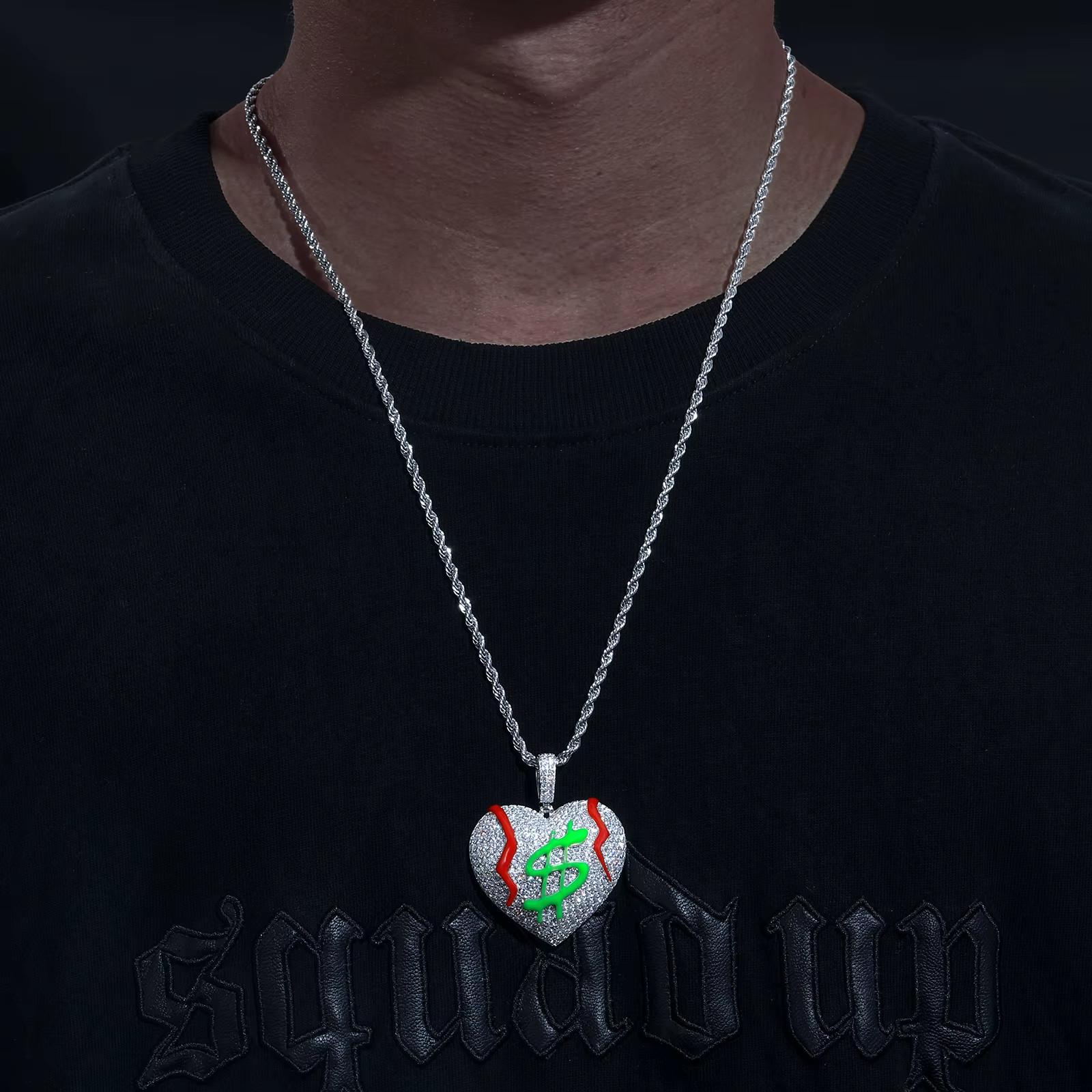 Glow in Dark Money Heart Moissanite Pendant 925 Silver Iced Out Hip Hop Jewelry