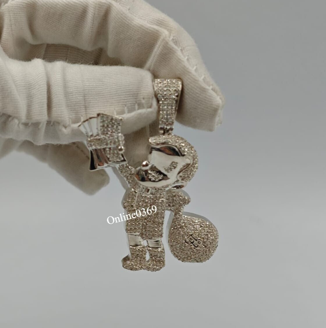 Bust Down I2 Real Diamond Riche Rich Money Bag Charm Pendant Men’s 925 Silver