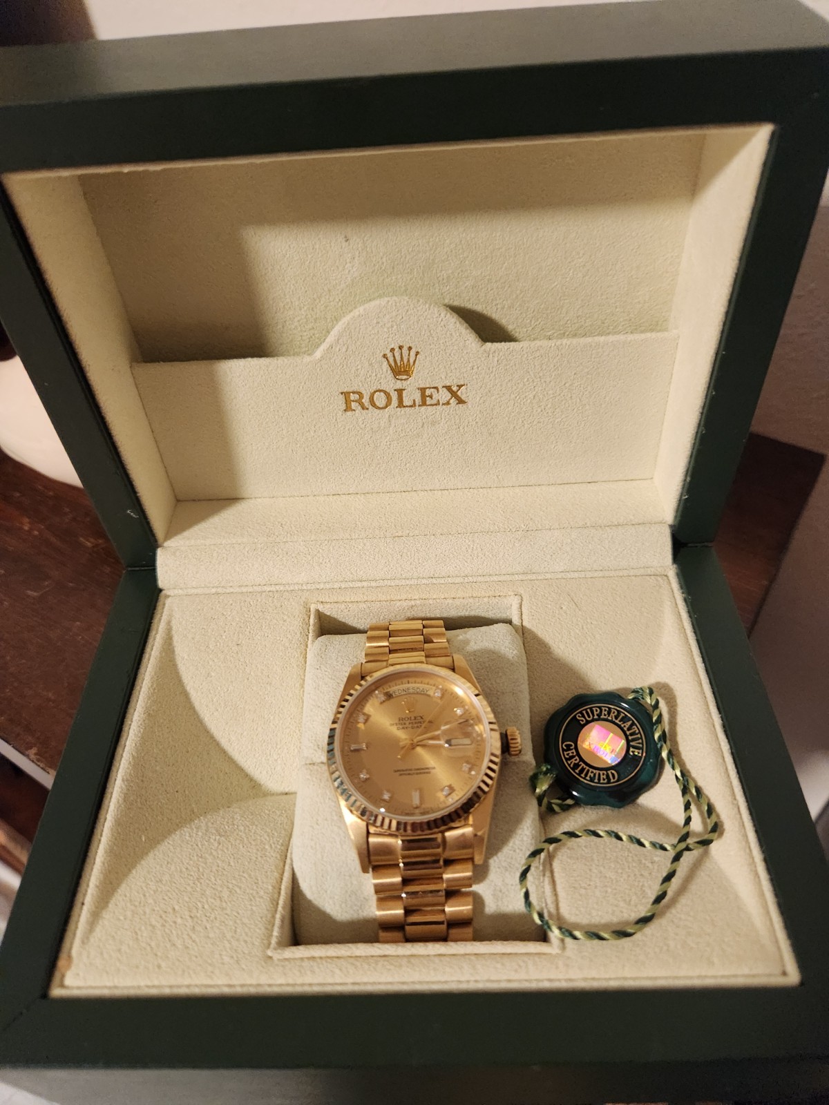 UNPOLISHED NO-STRETCH ROLEX DAY-DATE 18238 FACTORY DIAMOND DIAL 18K YELLOW GOLD