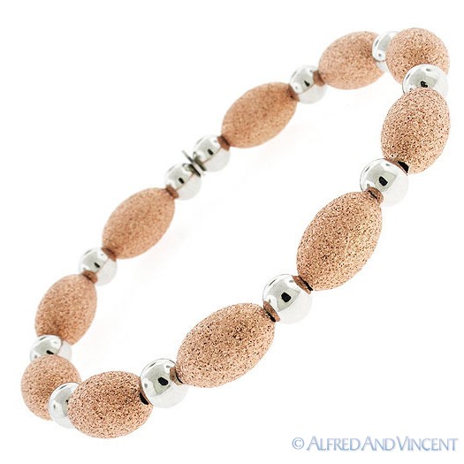 925 Sterling Silver Matte / Satin Finish Oval Bead Link Italian Stretch Bracelet
