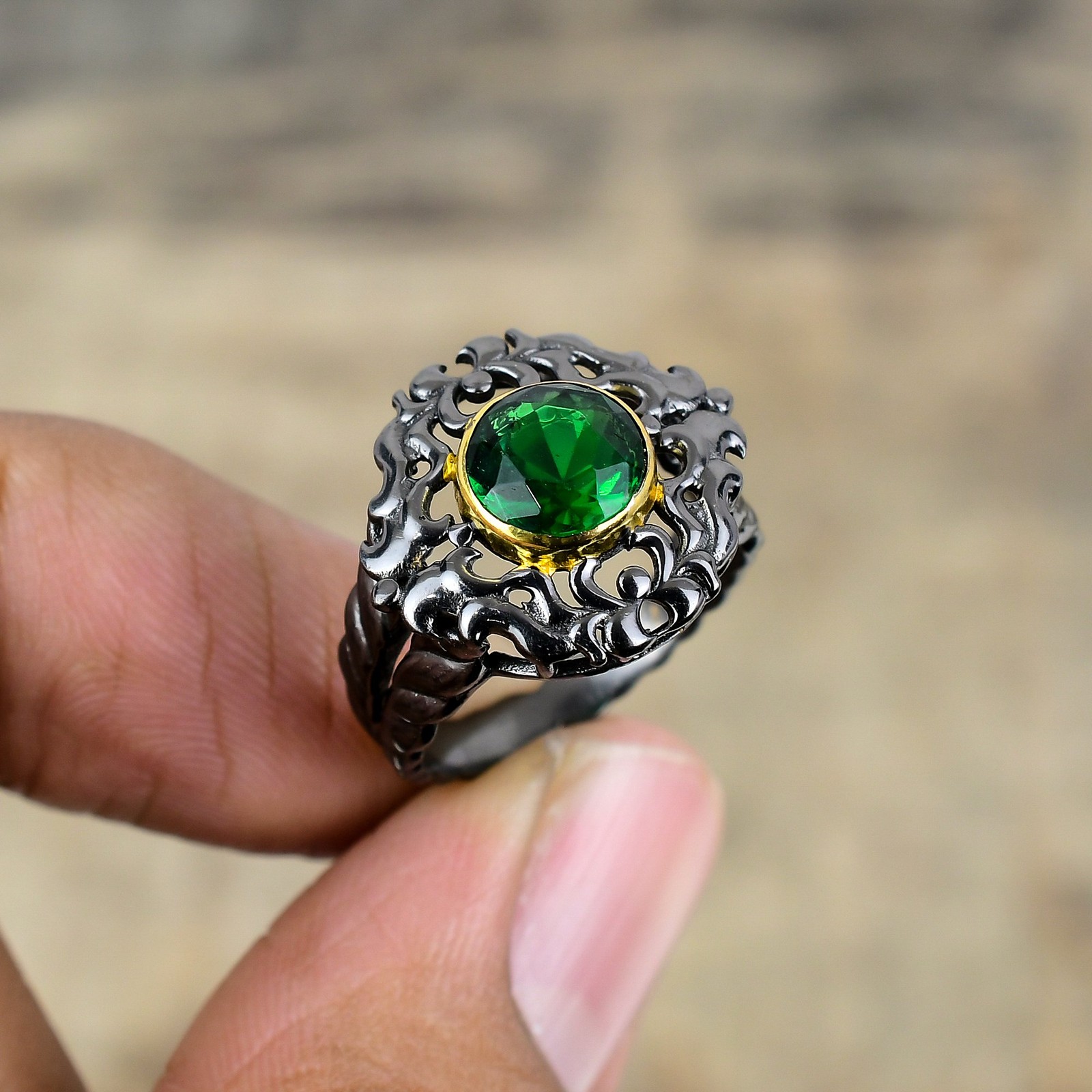Tsavorite Black And Gold Plated 925 Sterling Silver Ring S.7.5 R87028