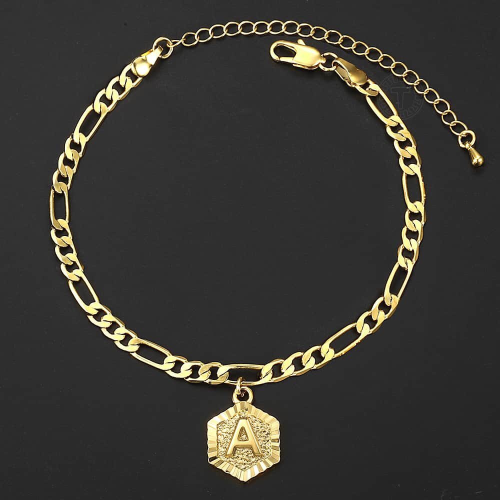 Womens A-Z Initial Letter Charm Bracelet Anklet Gold Plated Figaro Chain