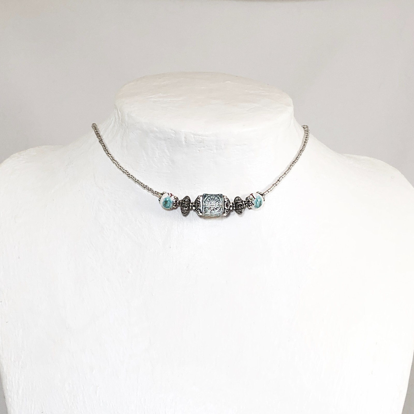 Boho Beaded Choker with Lampwork Blue/Clear Glass Cube, Japanese Orchid Beads