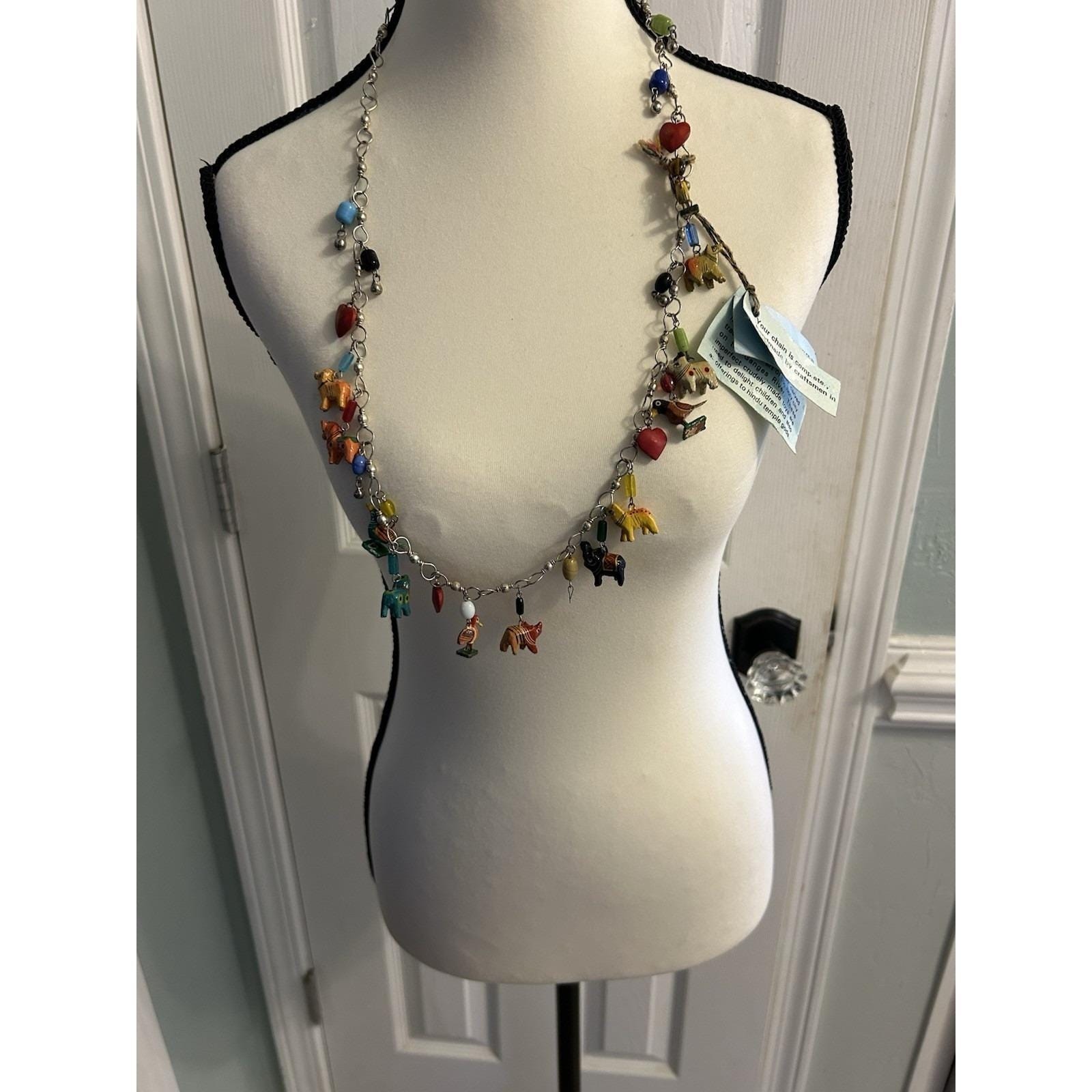 Vintage Tropicana Necklace Silver Wooden Animals Birds Chain Parrot Hearts 14″