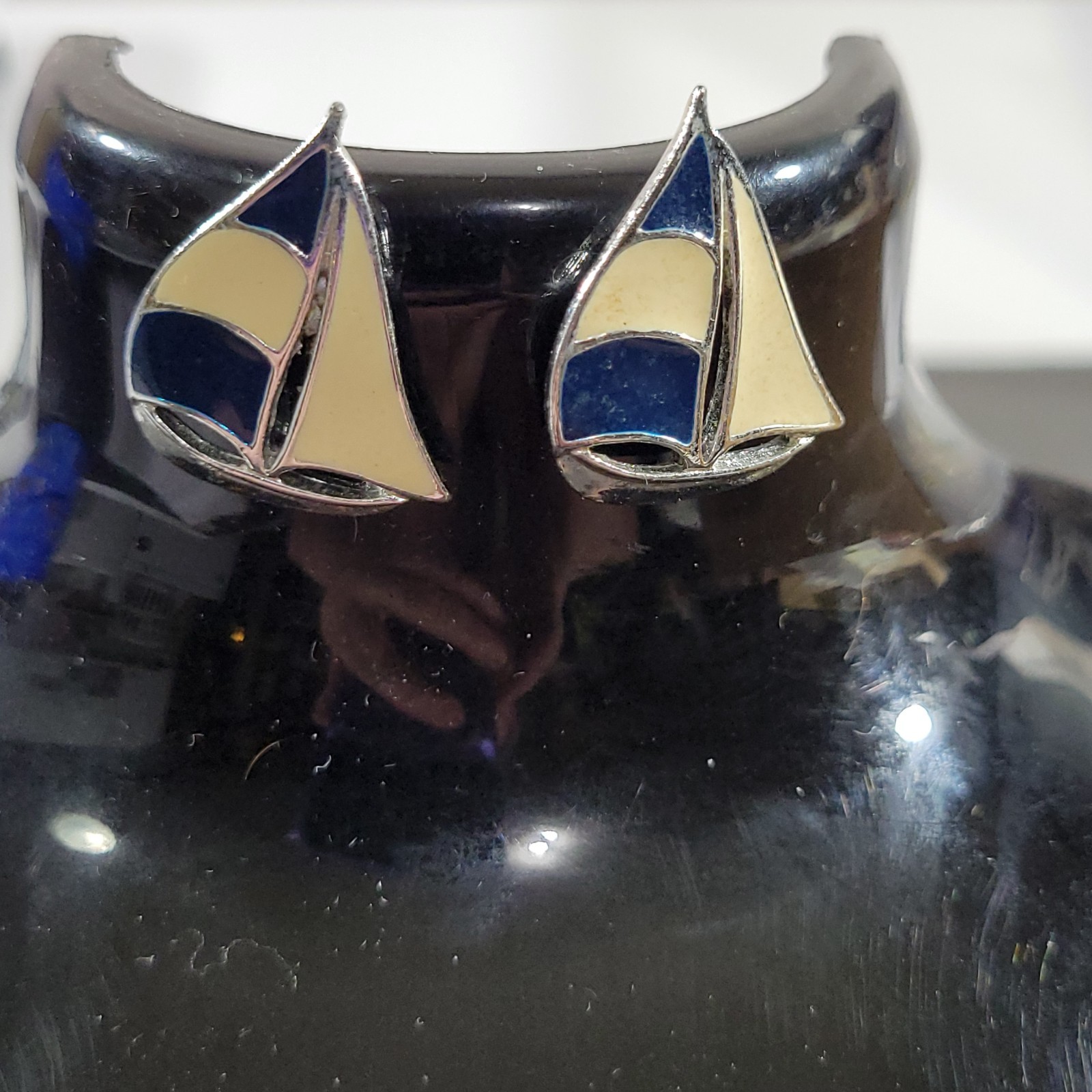 Vintage Enamel Sailboat Earrings Post Blue Ivory Silver Tone Nautical Coast 3/4″