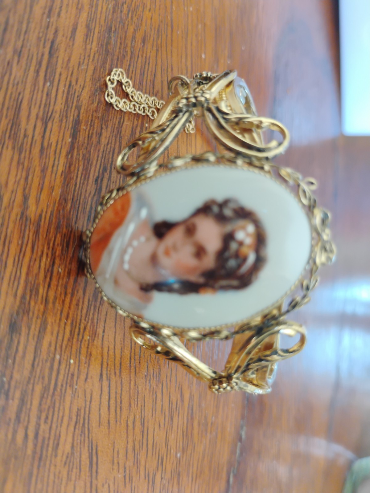 Whiting and Davis Gold Tone Bangle with Limoges Porcelain Portrait Bracelet
