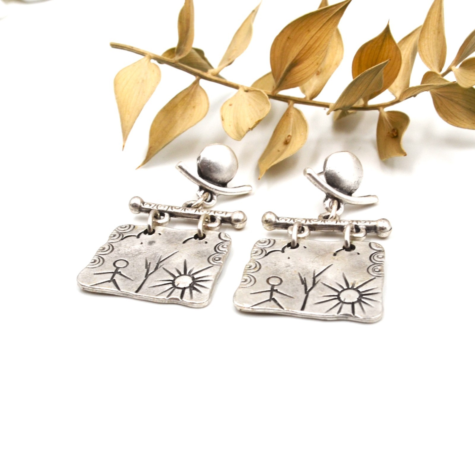 Lightweight Shamanic Silver Petroglyph Boho Dangle Stud Earrings Ancient