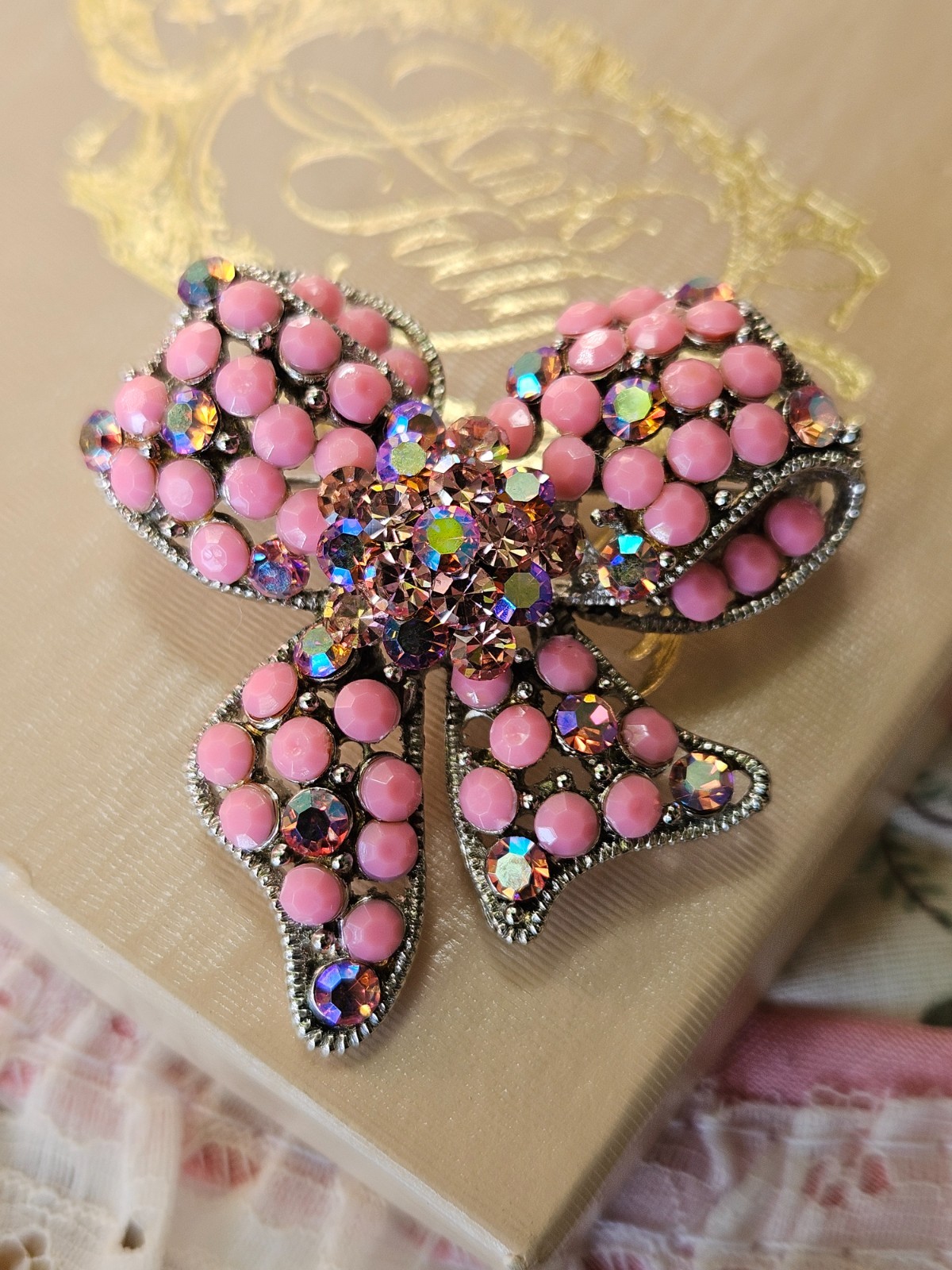 ACEO Fox Pastel Painting Kirks Folly Bow Pendant Brooch Pink Bows Gift Set CUTE!