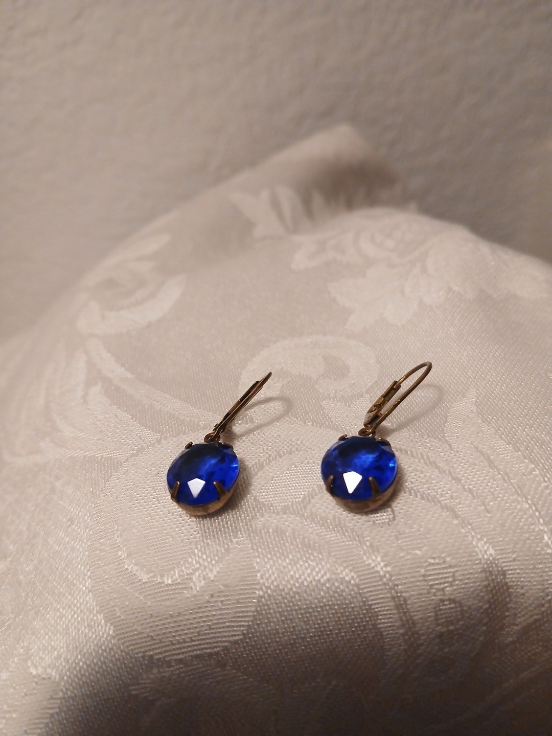 Vintage Cobalt Blue Faceted Glass Dangle Earrings, Brass Metal Prong, 1″