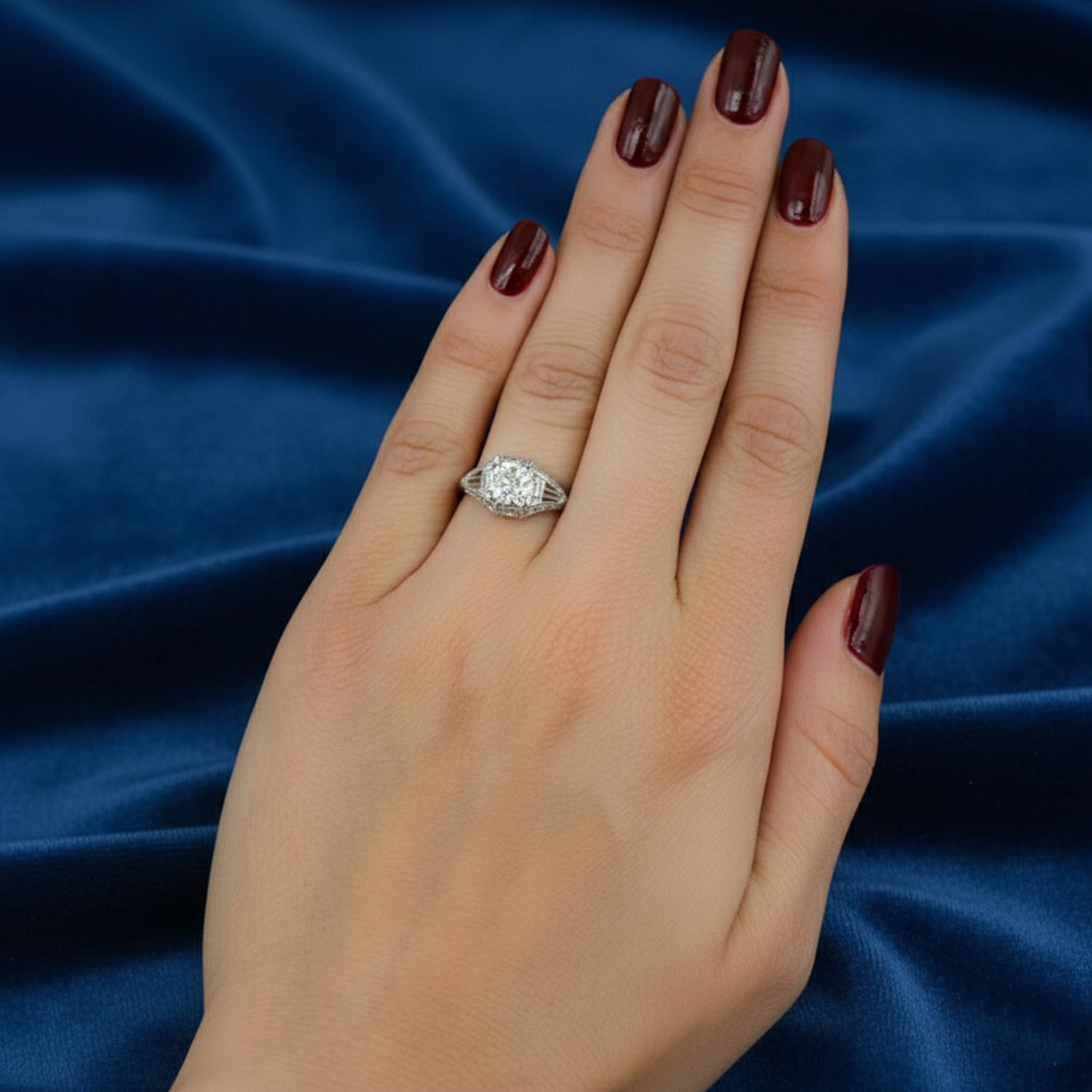 Old European Cut Simulated Diamond 14K Gold Vintage Style Milgrain Wedding Ring