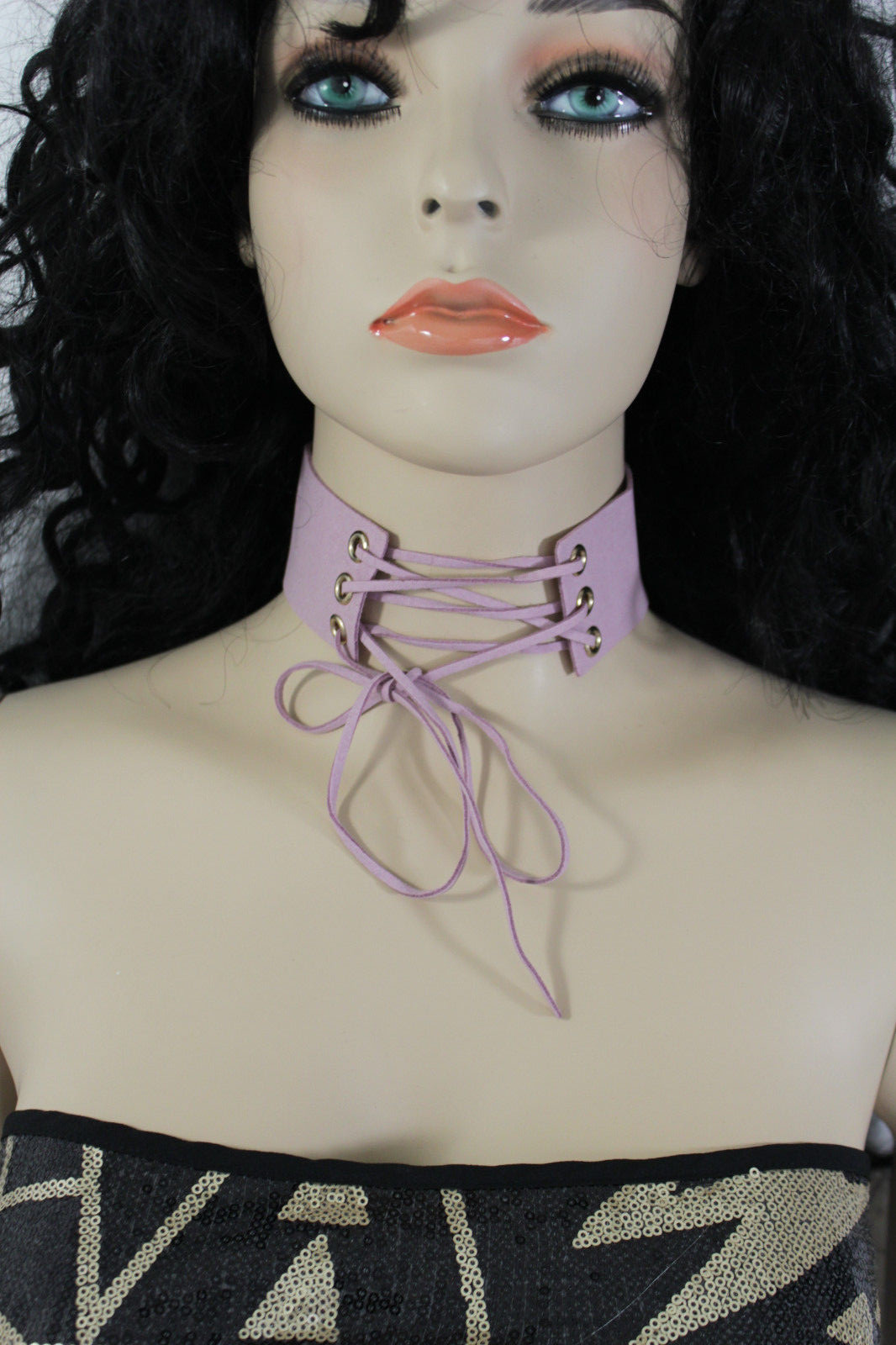 NEW Women Pastel Pink Faux Leather Fabric Fashion Corset Choker Necklace Tie