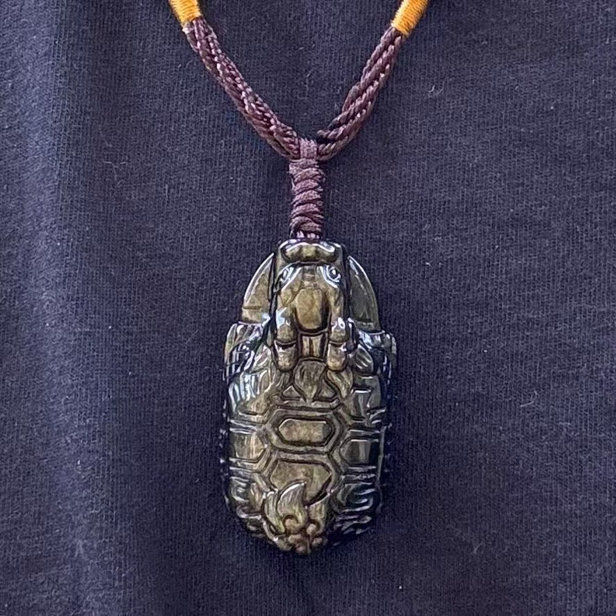 Hand-Carved Gold Sheen Obsidian Dragon Turtle Pendant –One of a Kind Protection