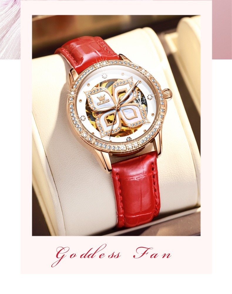 OLEVS 6612 Leather Ceramic Fashion Automatic Female Dress Mechanical Wristwatch
