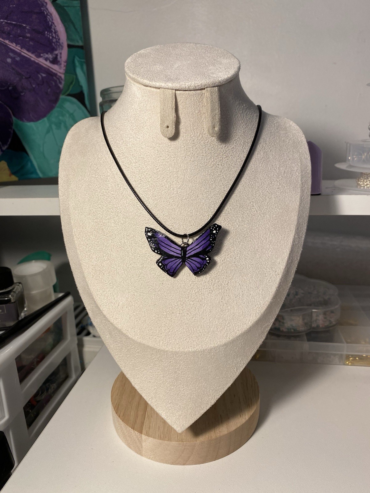 Purple Enamel Butterfly Charm Pendant Necklace on Black Cord Animals & Insects