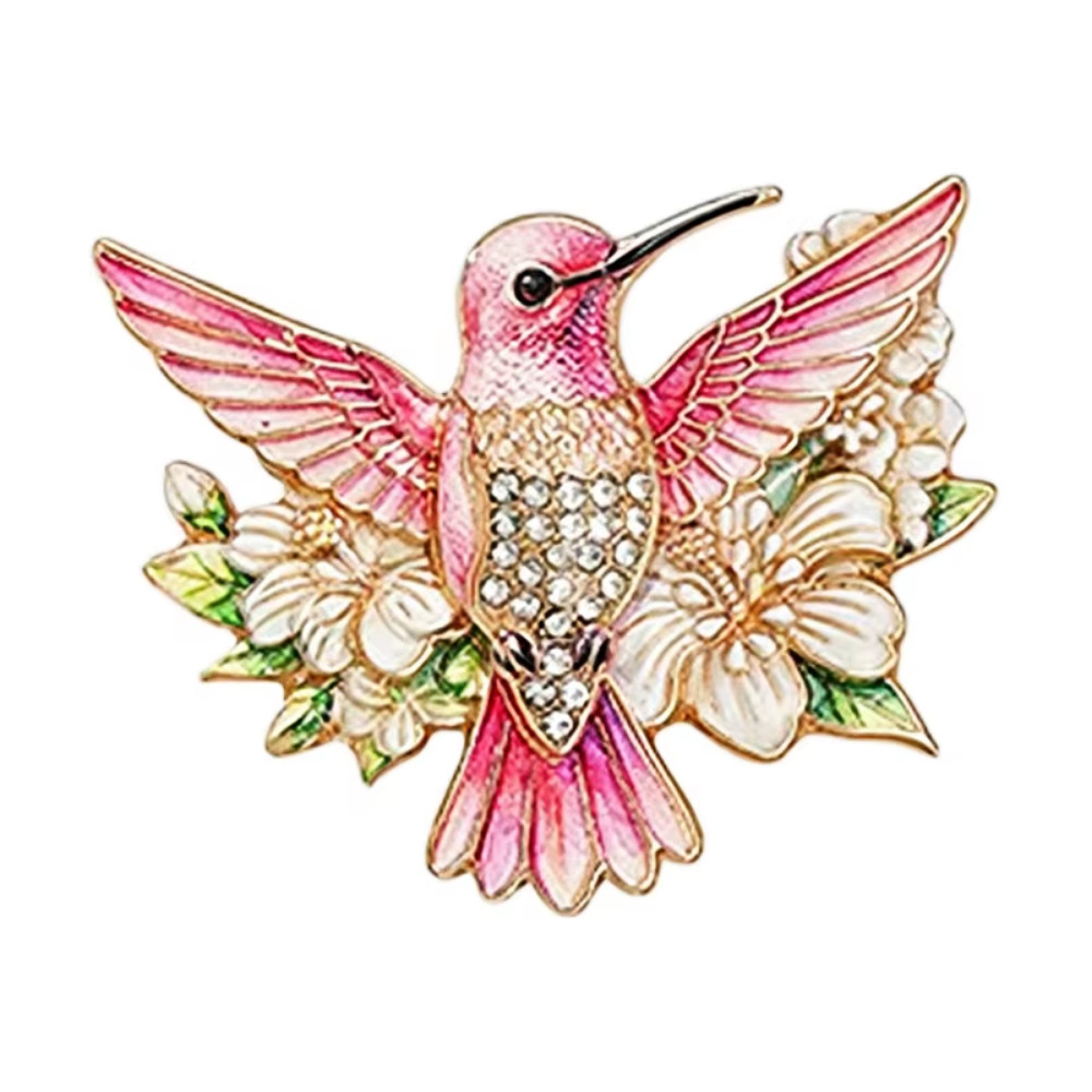 Pink Hummingbird Flower Brooch Gold Tone Rhinestone Bird Pin Floral Jewelry Gift