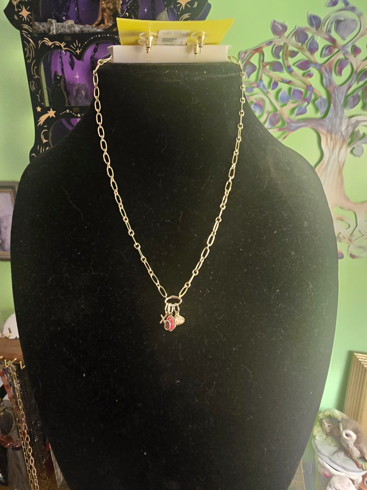 Kendra Scott Gold Tone Necklace & Stud Earrings Set Pink Marquise Stone